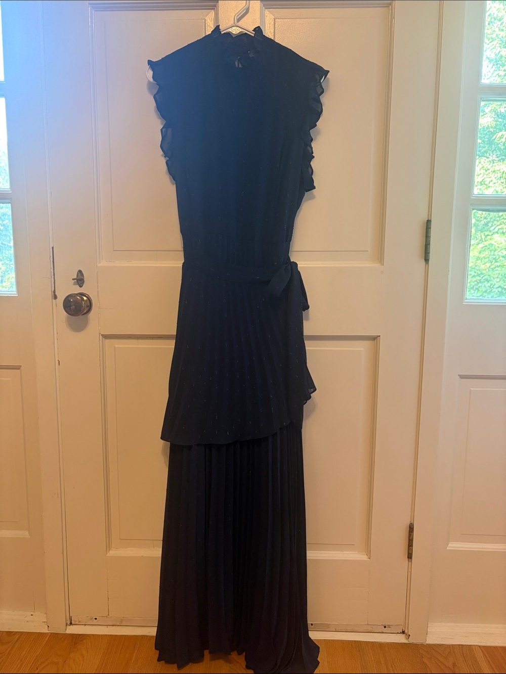 Chelsea28 Navy Ruffle-Sleeve Pleated Maxi Dress